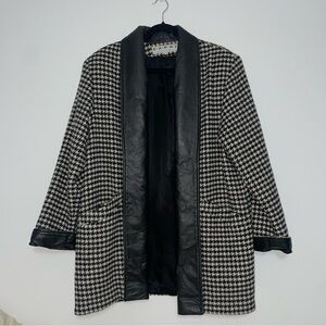 Vintage 80s 90s Houndstooth WOOL Leather Coat Cardigan Womens M Oversized Capri